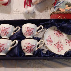 1950's Boxed 8-Pc. GODINGER Porcelain Tea Set, 22K Gold-Trim, Footed Cups